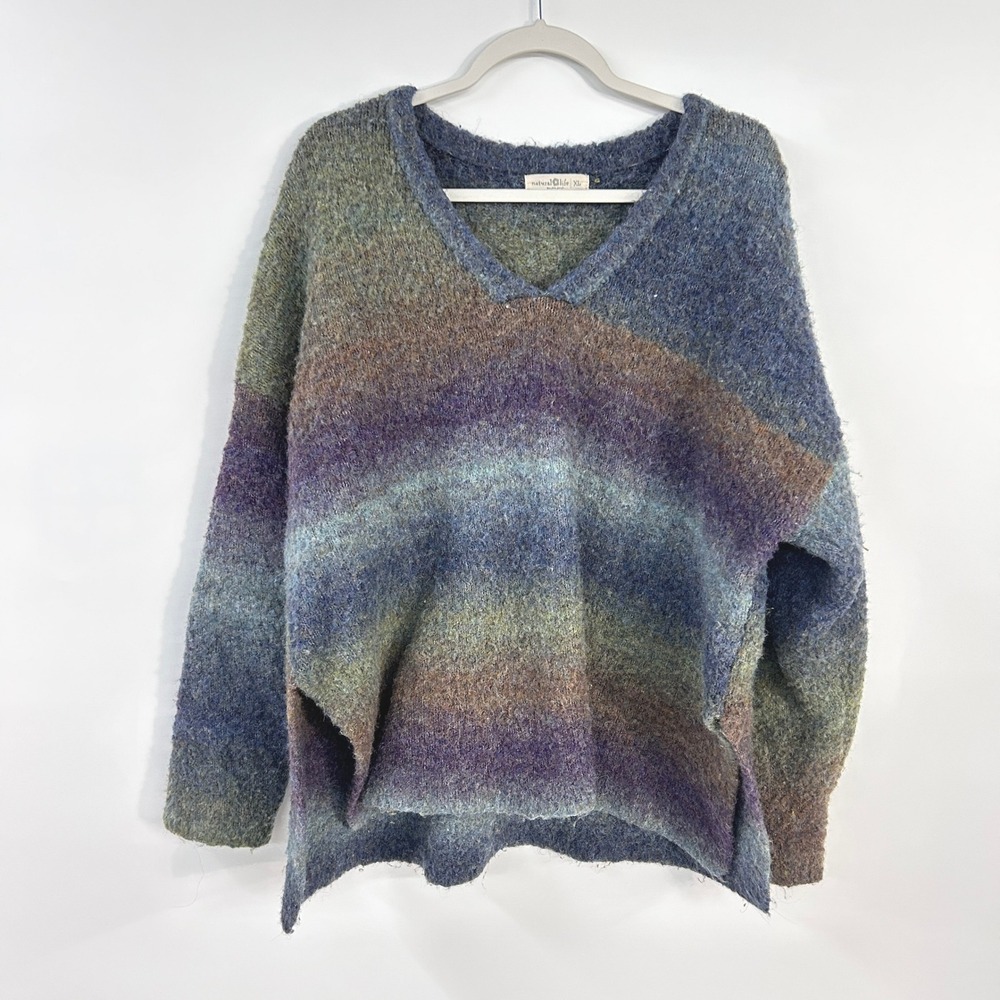 Natural Life Fuzzy Stripe V Neck Oversized Sweater XL Wool Blend Earthy Boho